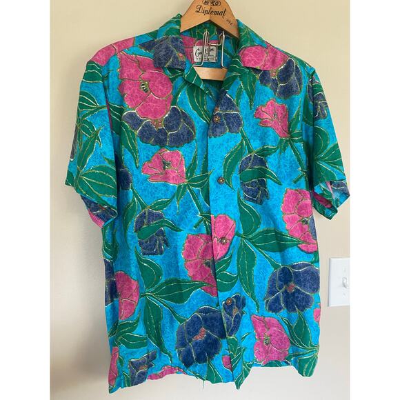 Blue Green Pink Purple Floral Vintage Sun Fashions Hawaii Aloha Vacation Shirt - Picture 1 of 3